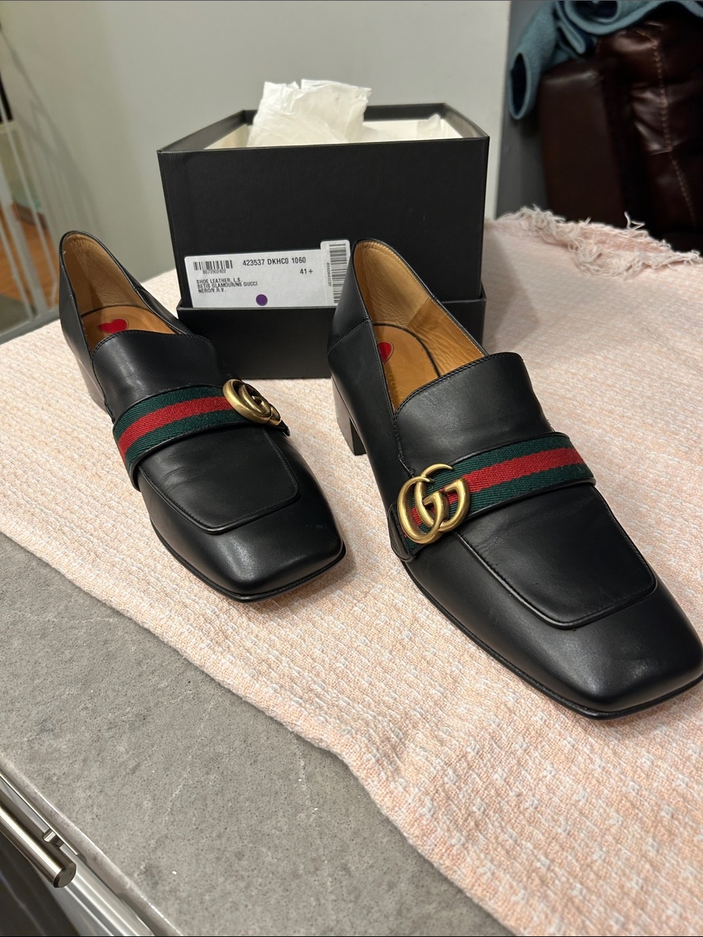 Gucci Black Leather Loafers with Green and Red Web and Gold Double G